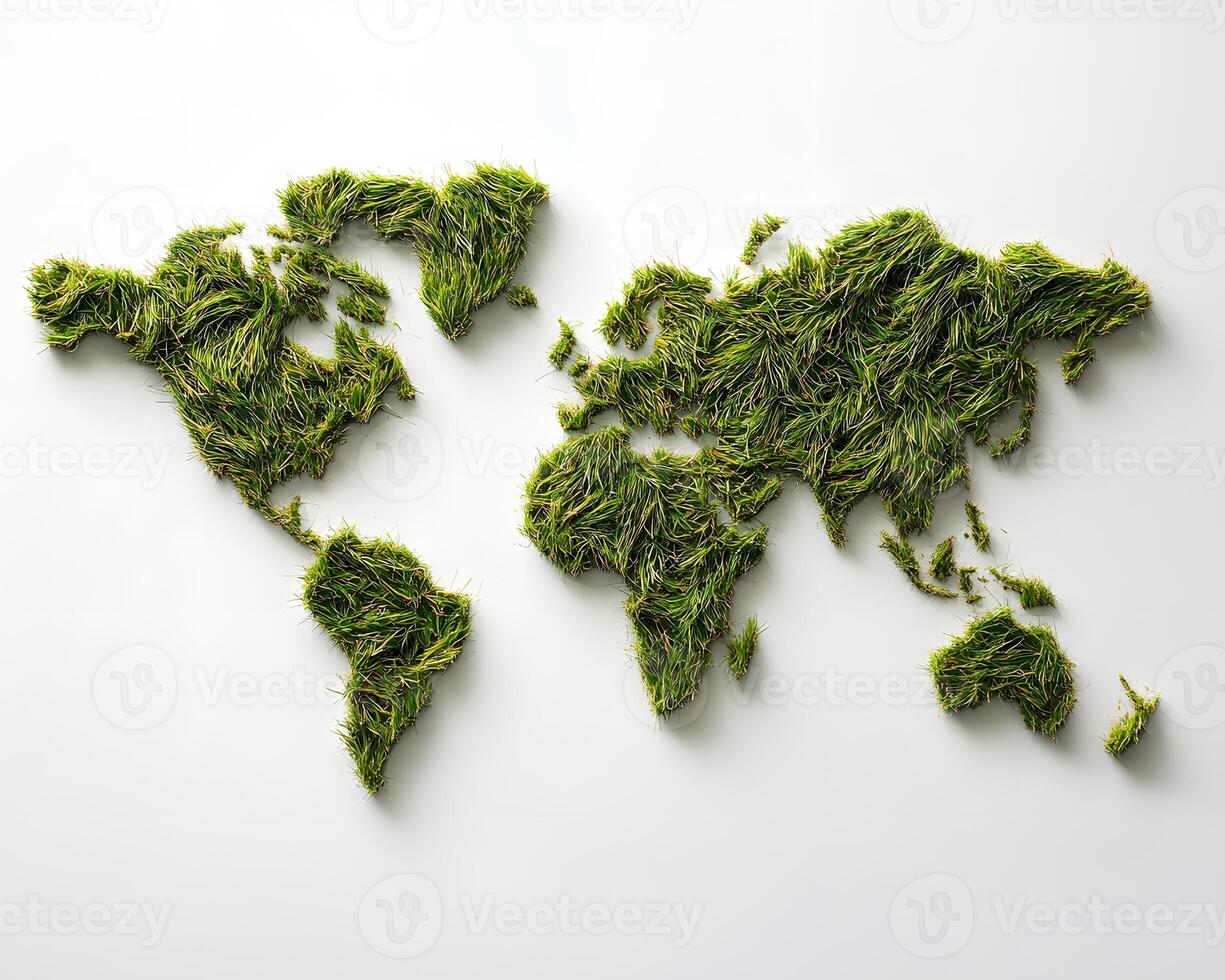 Green Grass World Map on White Backdrop photo