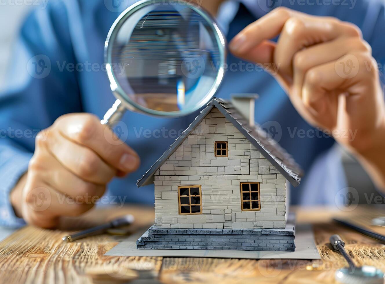 Person Inspecting A Model House with Magnifying Glass photo