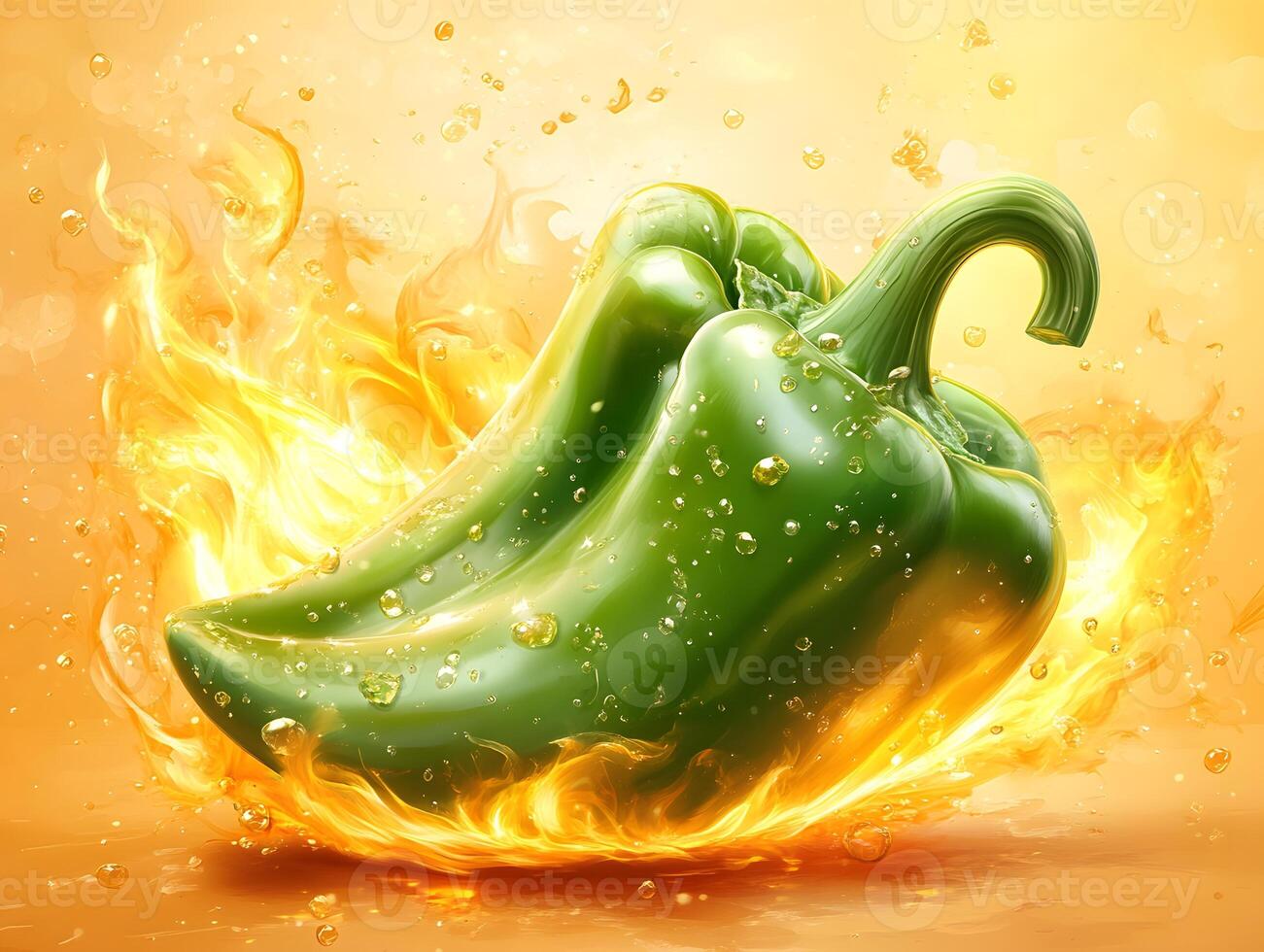 Green Bell Pepper in Liquid and Flame photo
