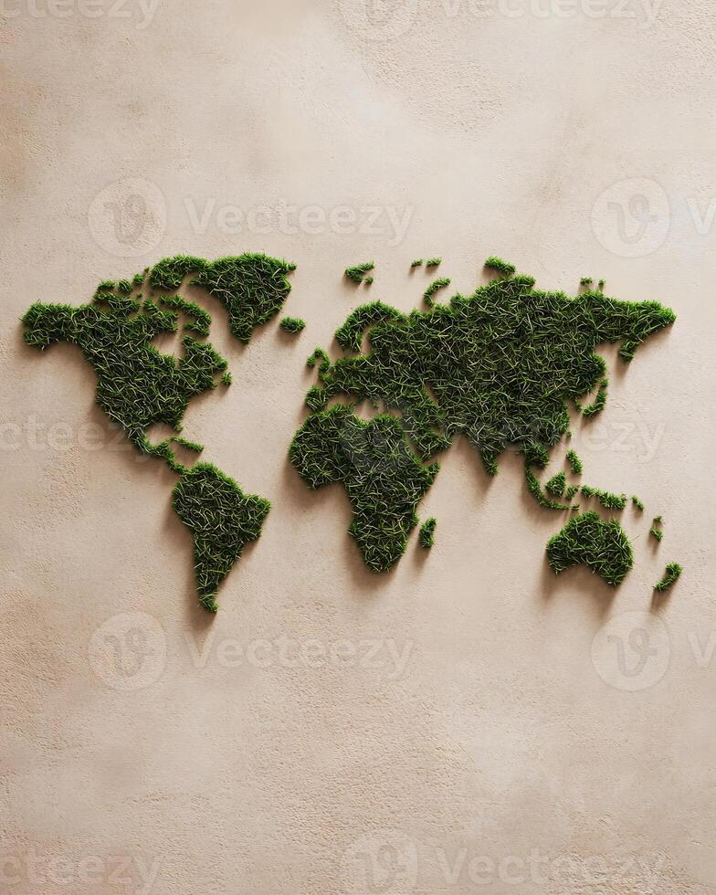 A Creative Representation of the World Map Made with Lush Green Grass Texture photo