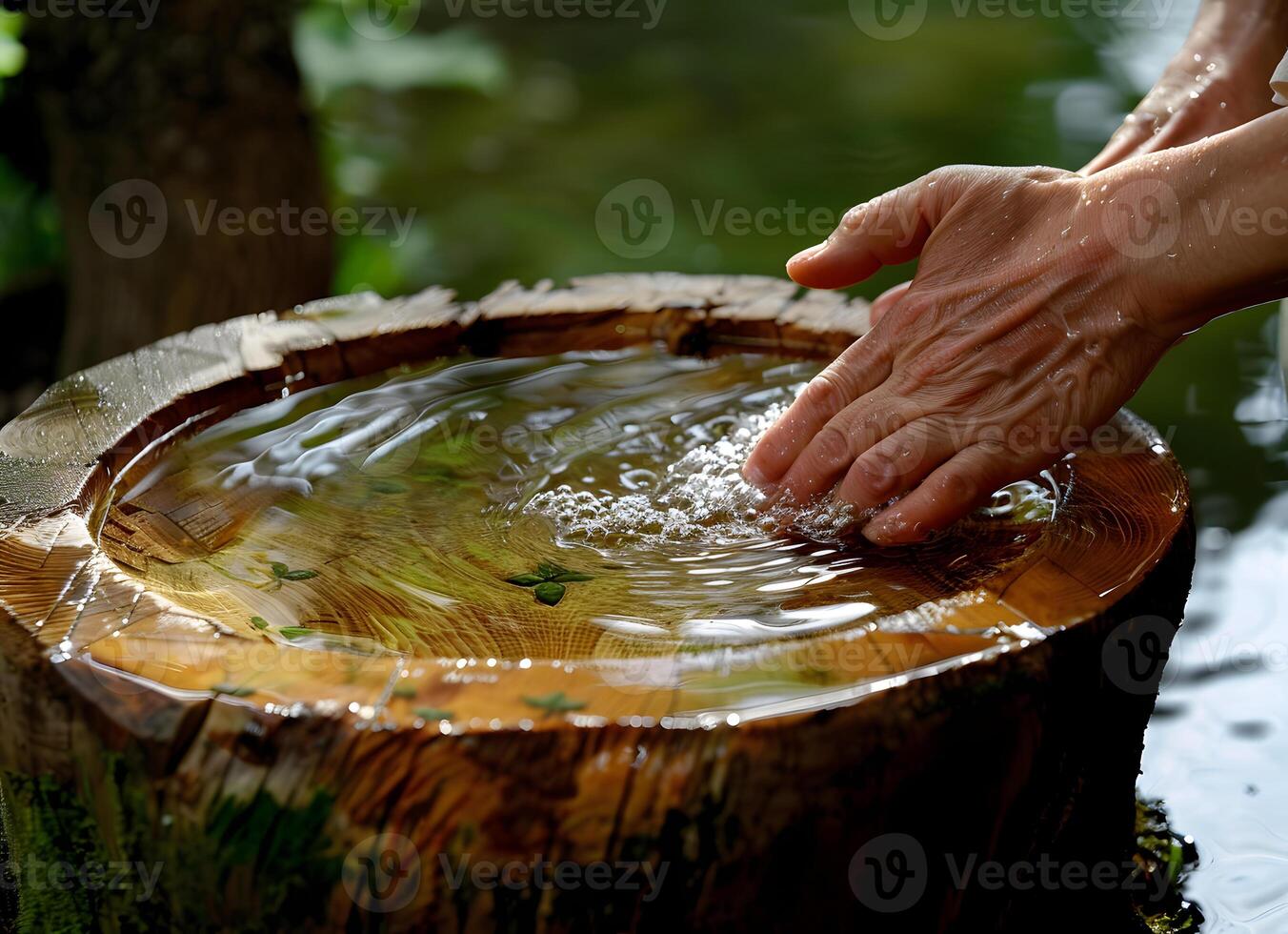 Hands in Water-Filled Wooden Bowl photo