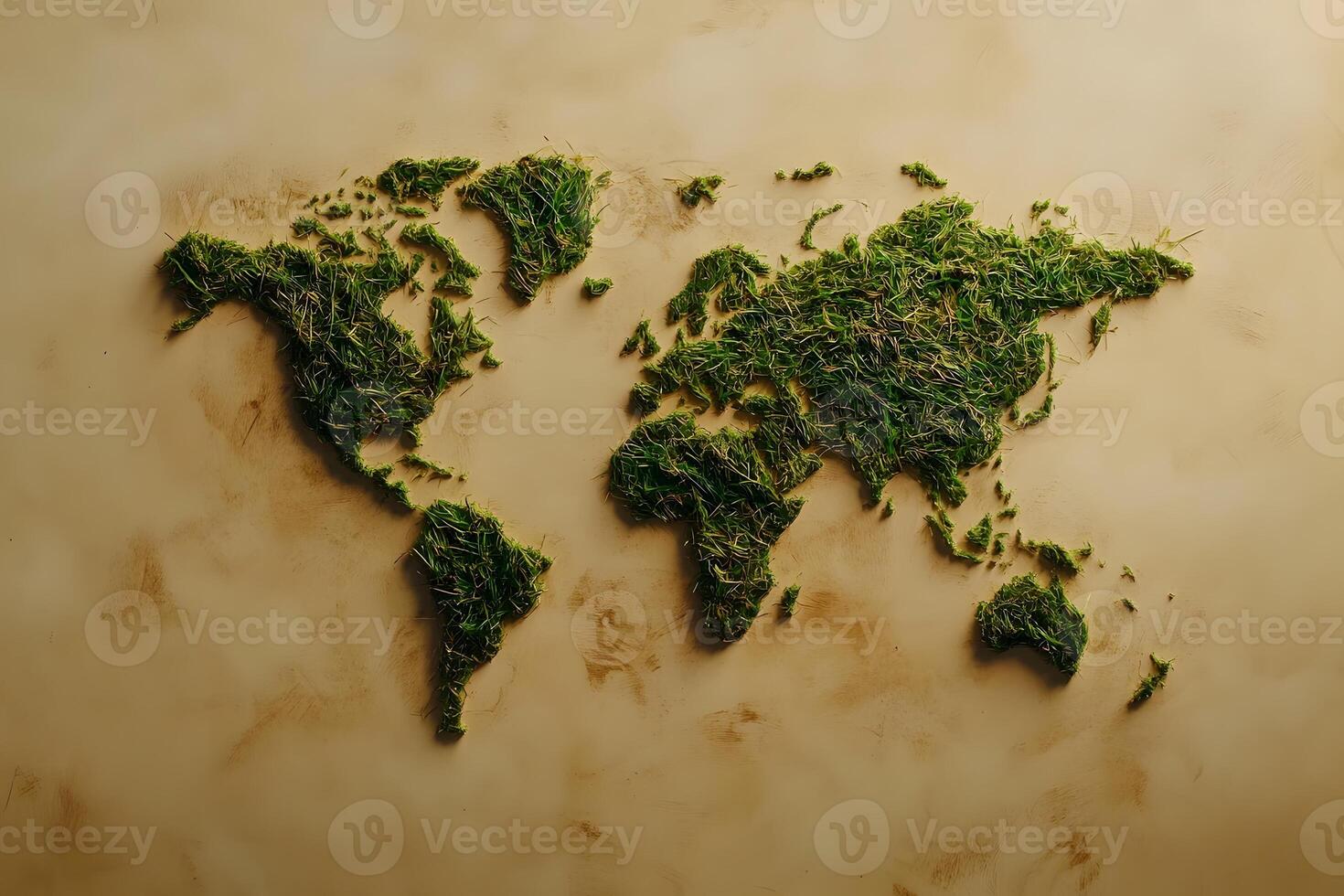 Green World Map Made of Grass on a Brown Background Representing Nature and Conservation Efforts photo