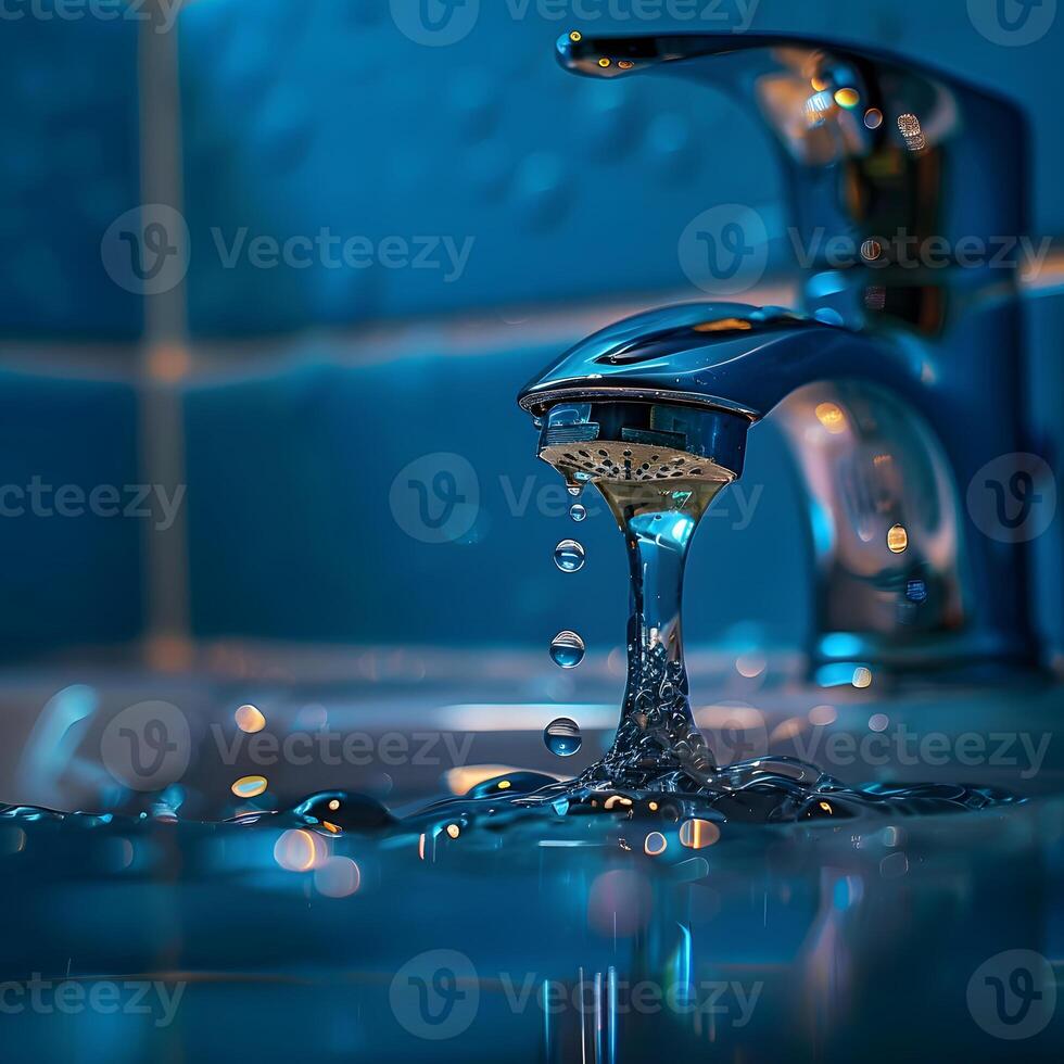 Chrome Faucet with Dripping Water and Basin photo