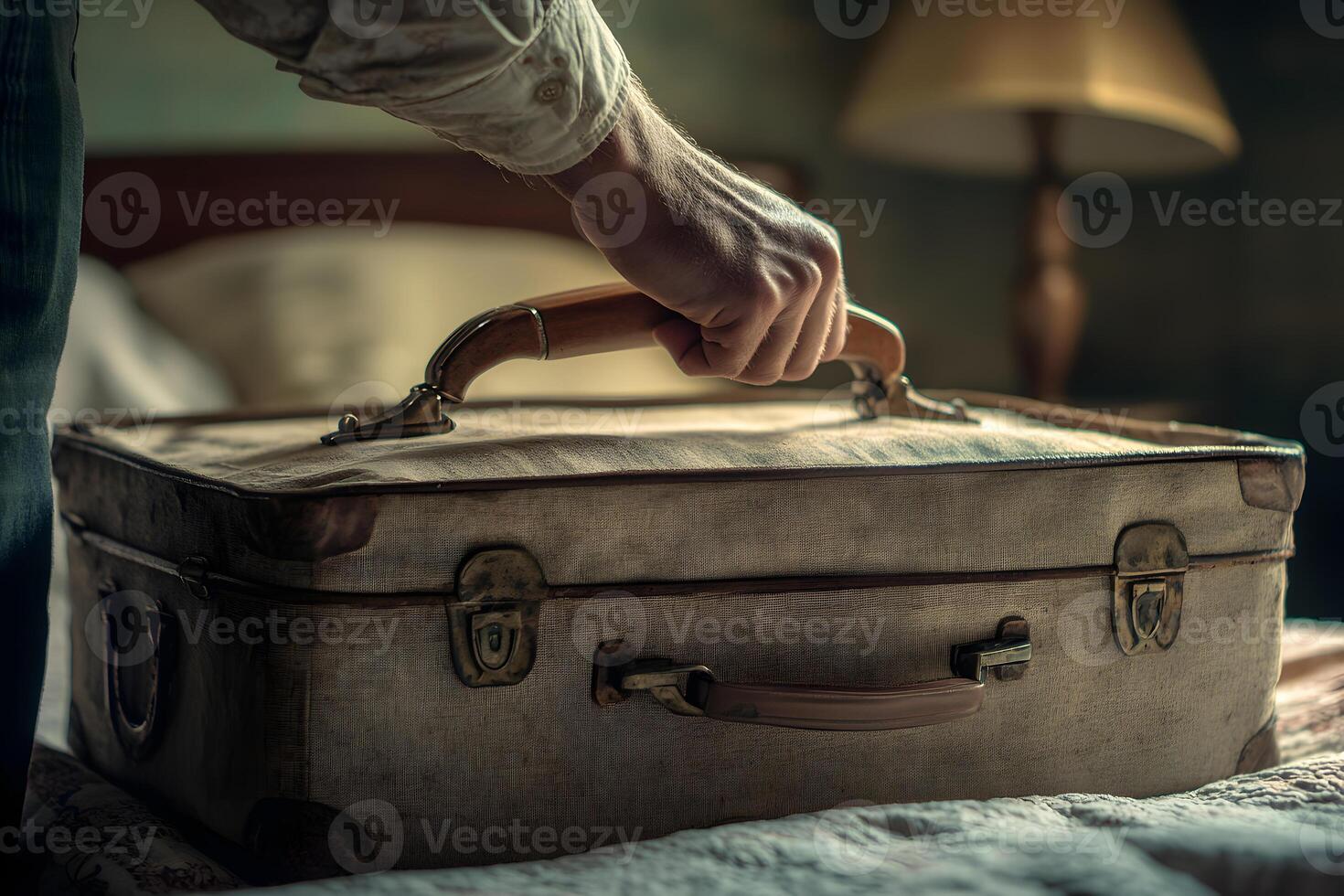 Person Lifting Vintage Suitcase on Bed photo