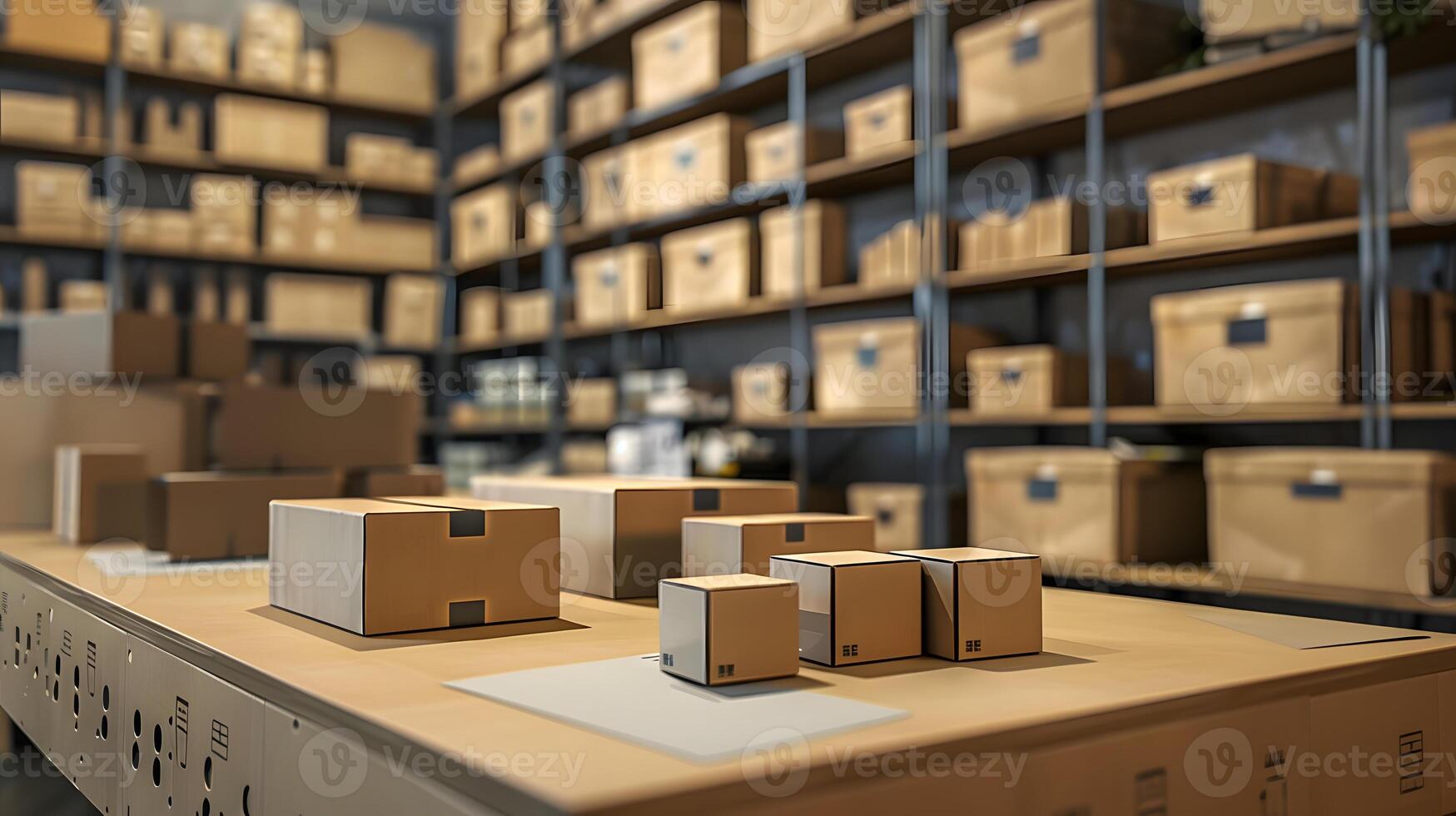 Cardboard Boxes on a Table with Background Shelving photo