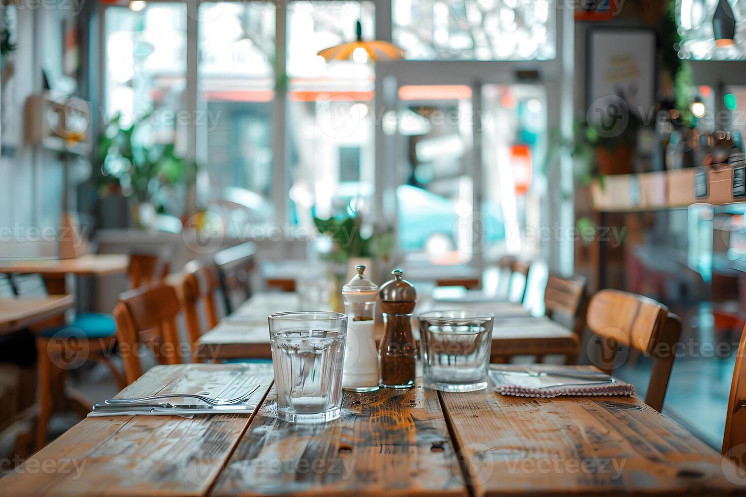 Cafe Table Setting with Rustic Wooden Table and Glassware photo
