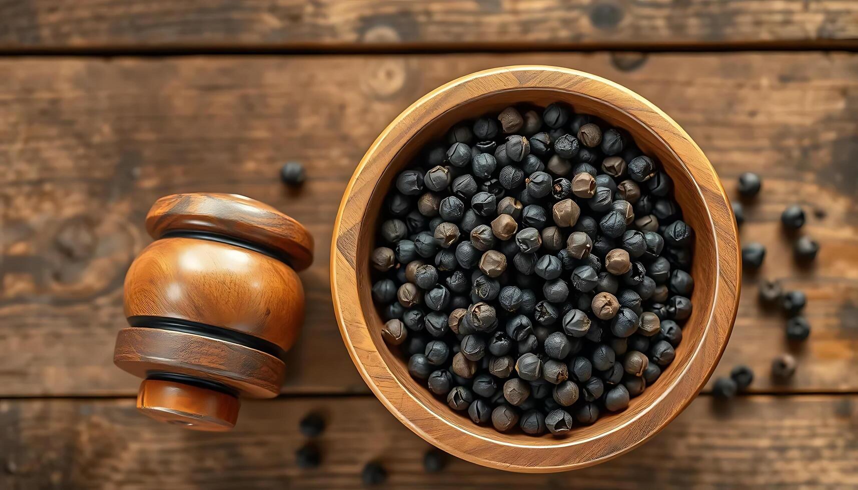 Black pepper in a wooden bowl photo