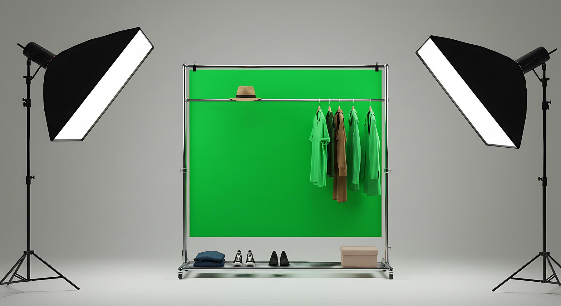 Green screen background with clothes and lighting photo