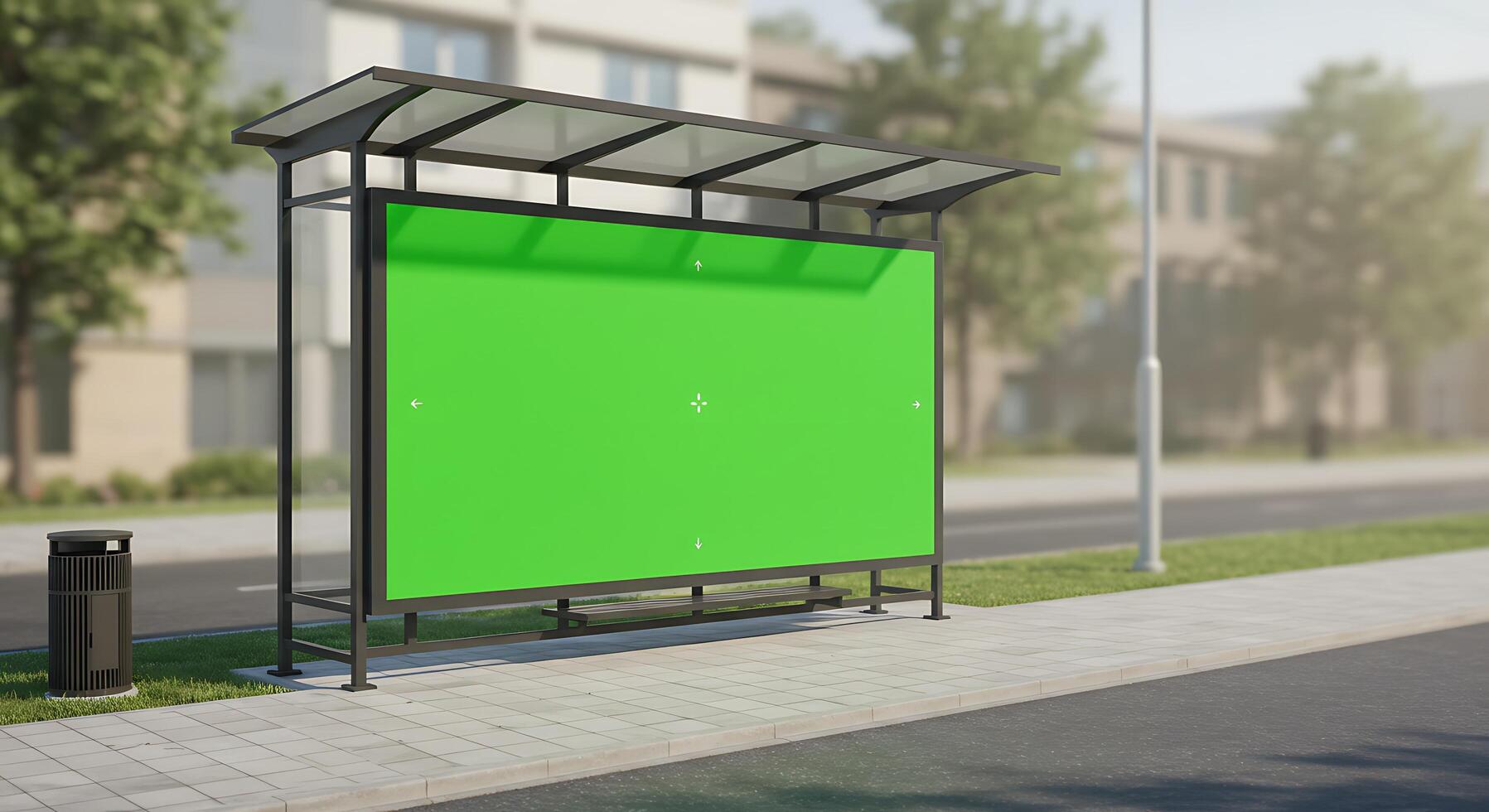 A green screen is sitting in front of a bus stop photo