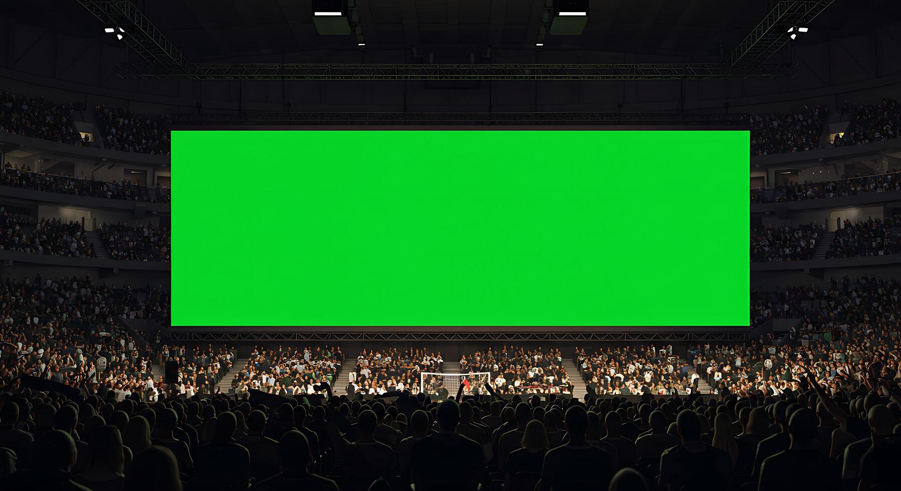 A large green screen in a stadium with people watching photo