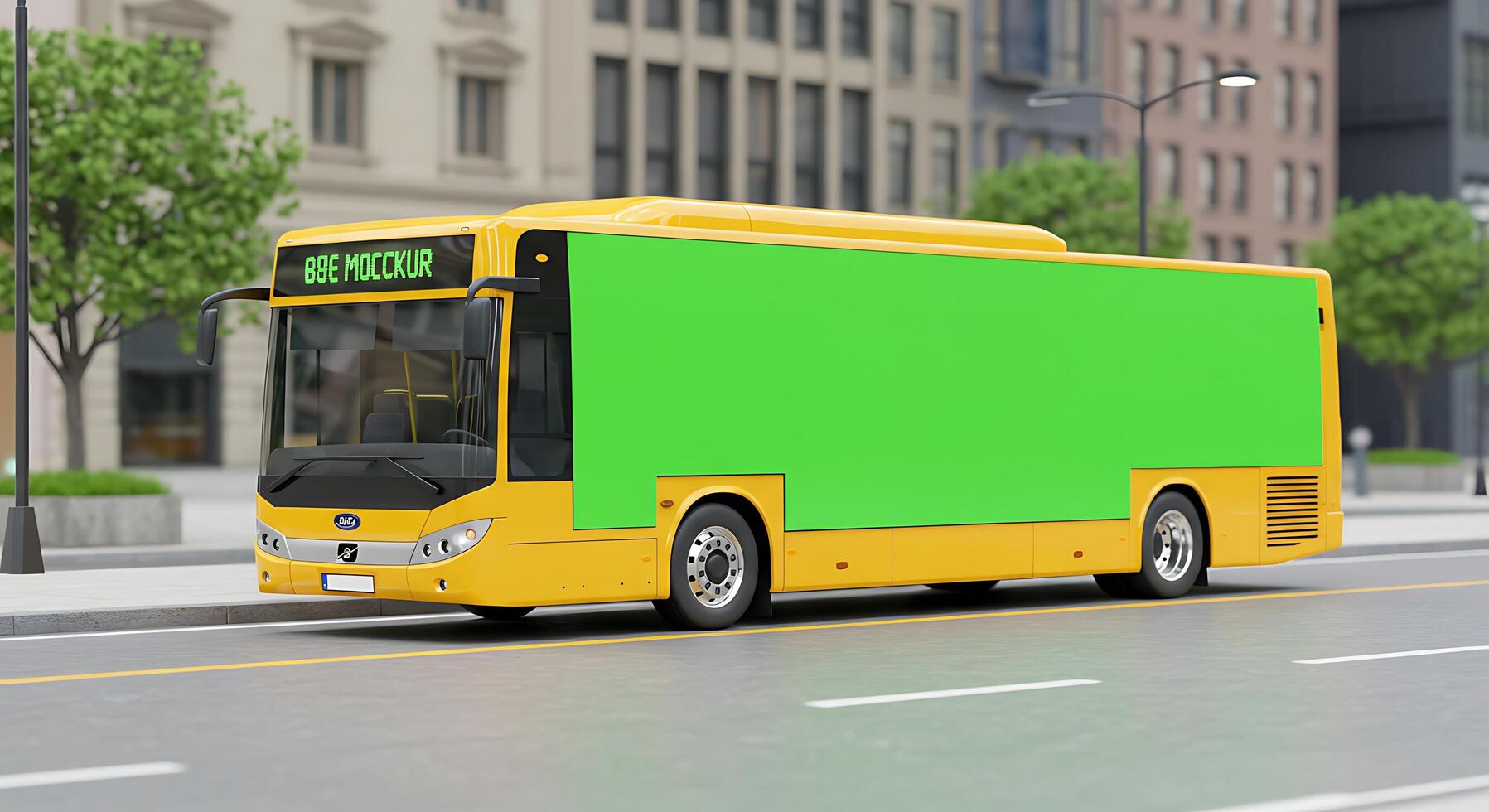 A yellow bus with green screen on the side of it photo