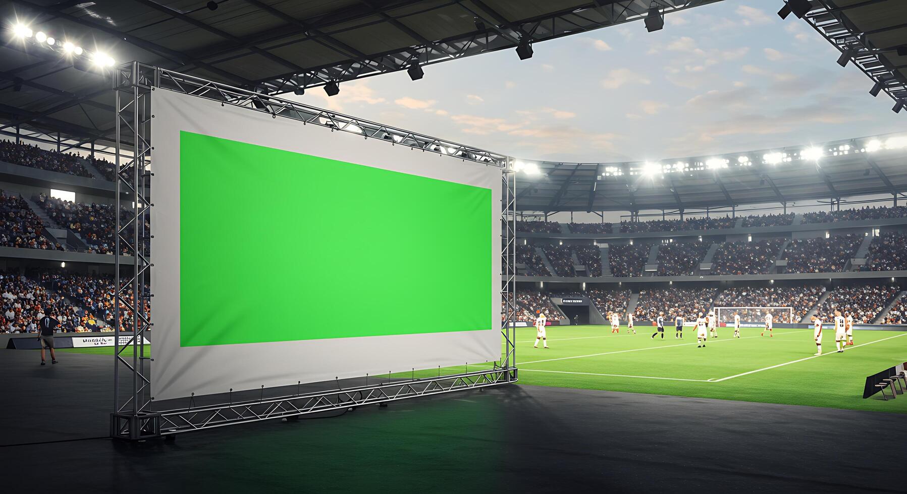 A green screen in front of a soccer stadium photo