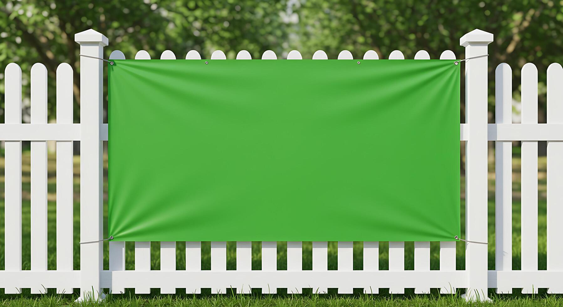A green banner hanging on a white fence photo