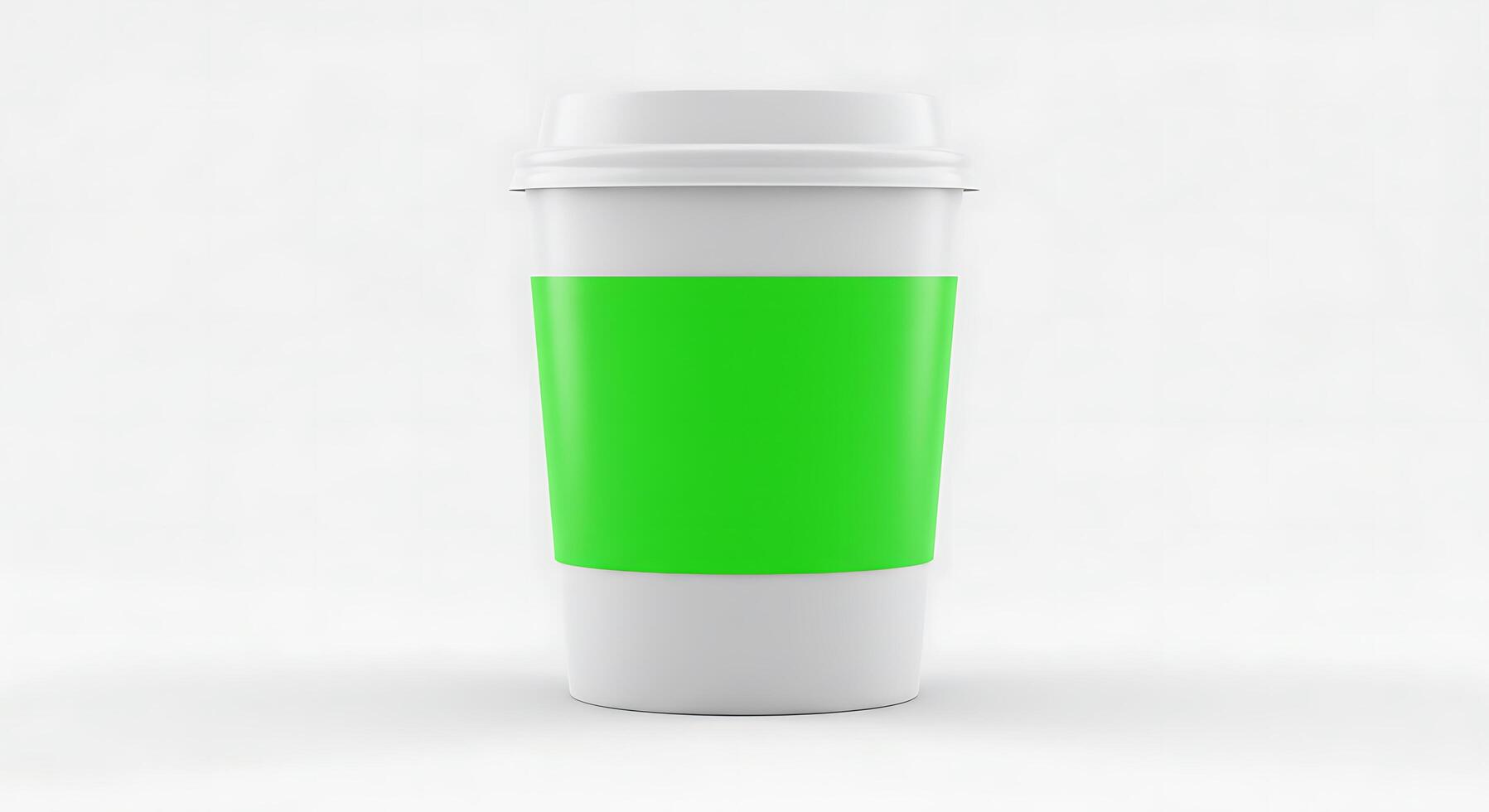 A green cup with a white lid on a white surface photo