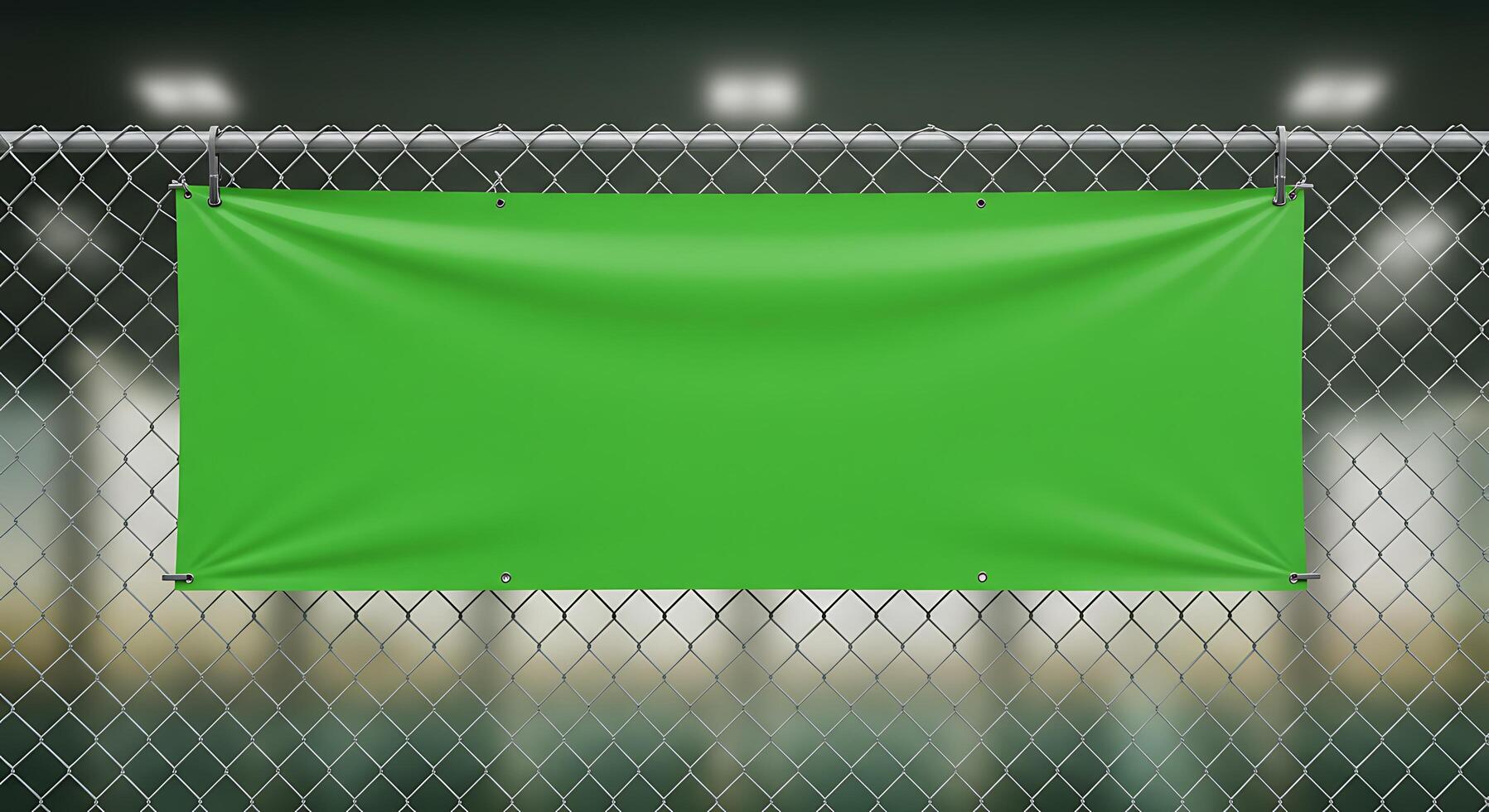 Green banner hanging on a chain link fence photo