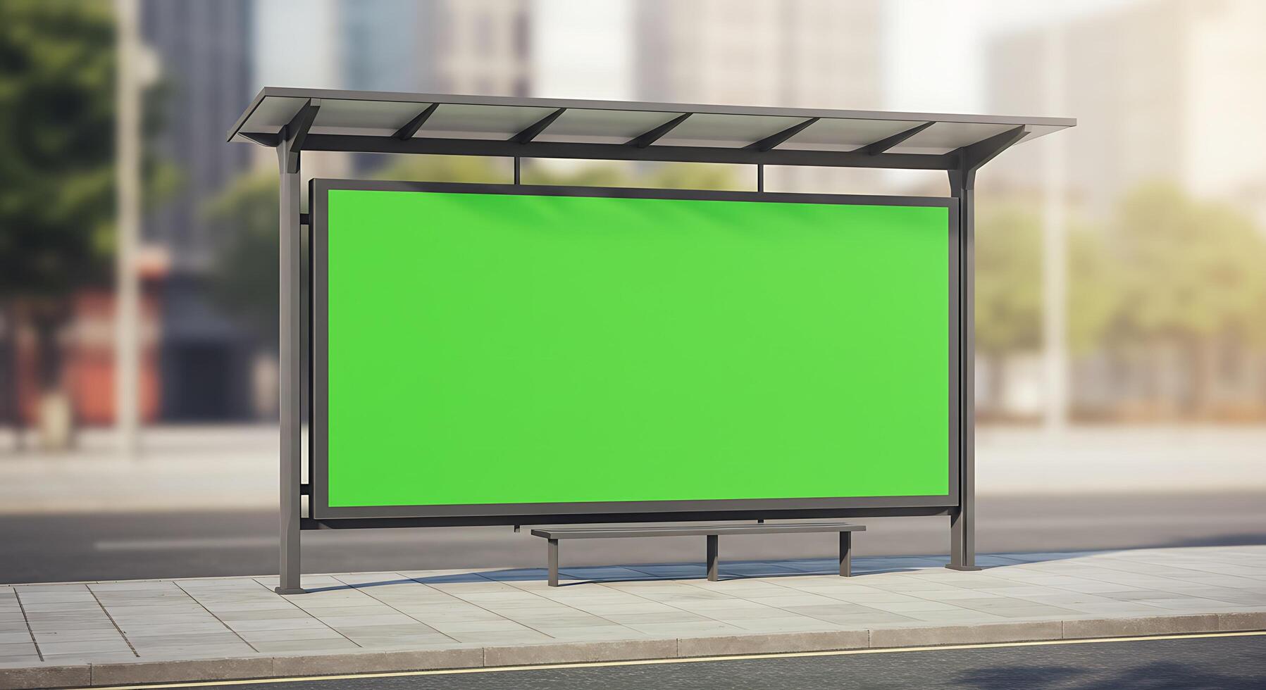 A green billboard on the side of a bus stop photo