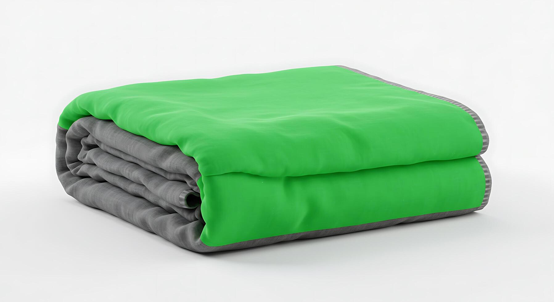 A folded green blanket with gray trim photo