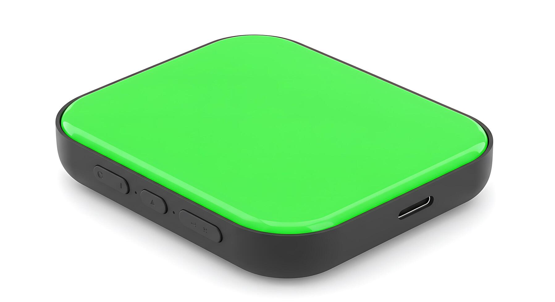 A green and black portable speaker with a remote photo