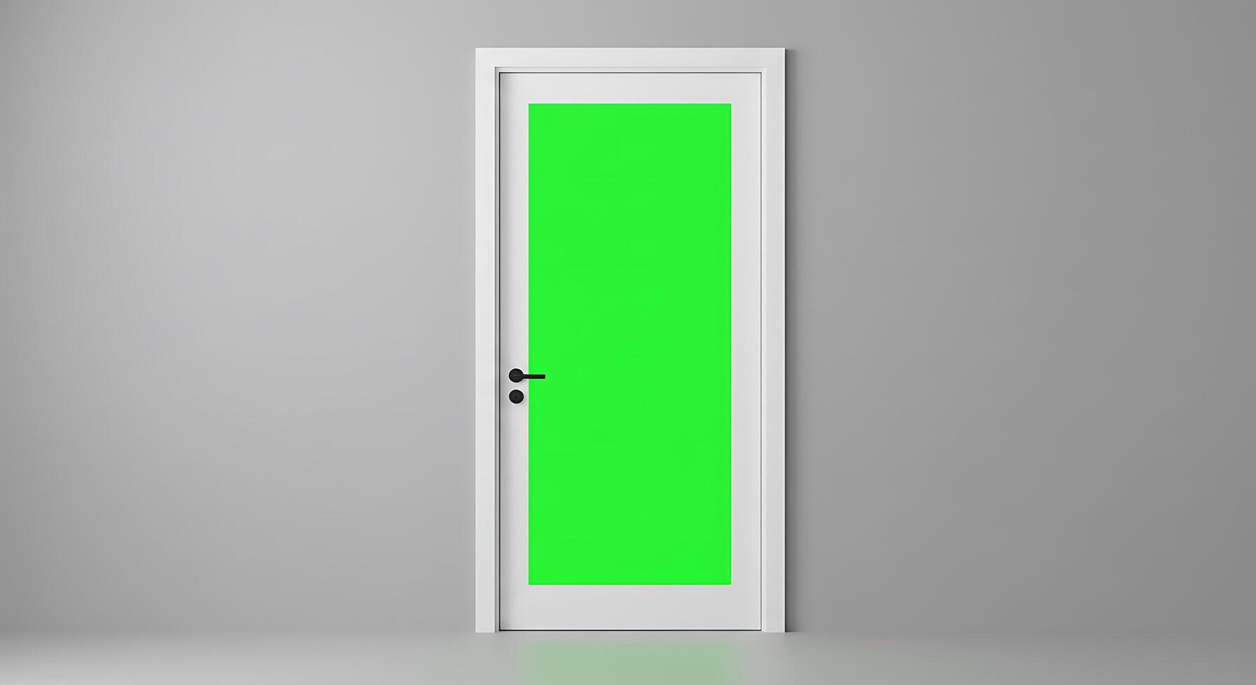 An open white door with a green screen in front of it photo