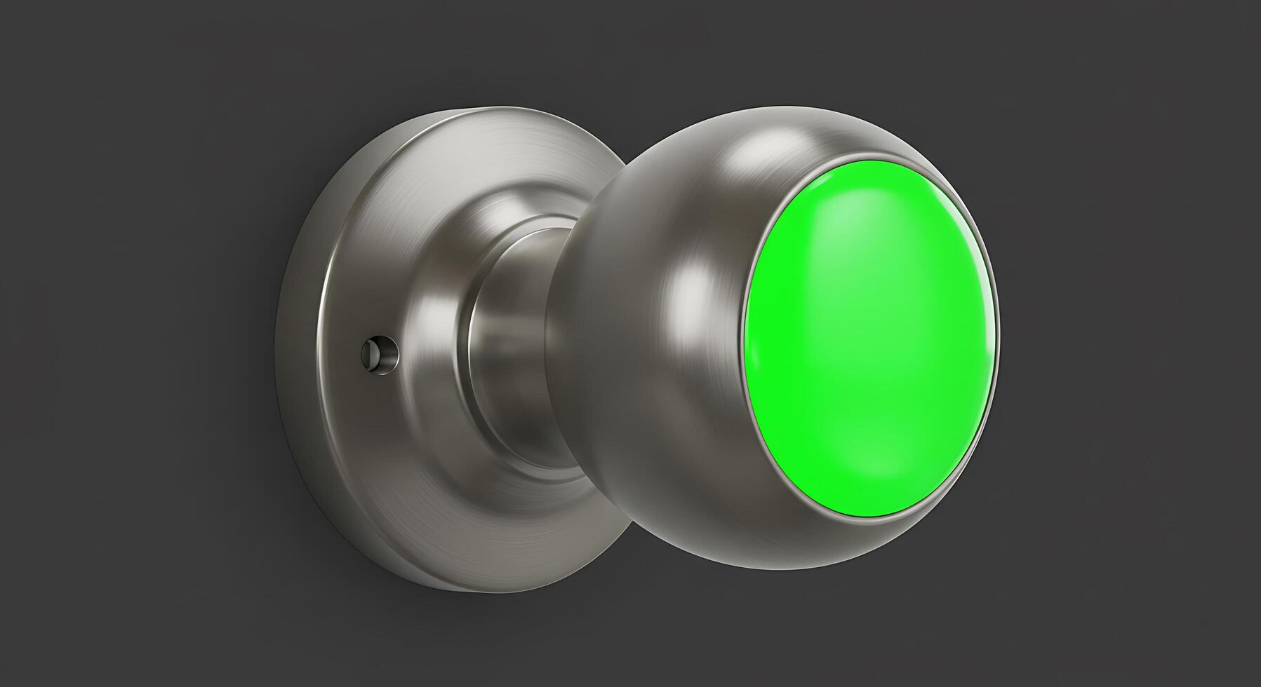 A green button on a metal door knob photo