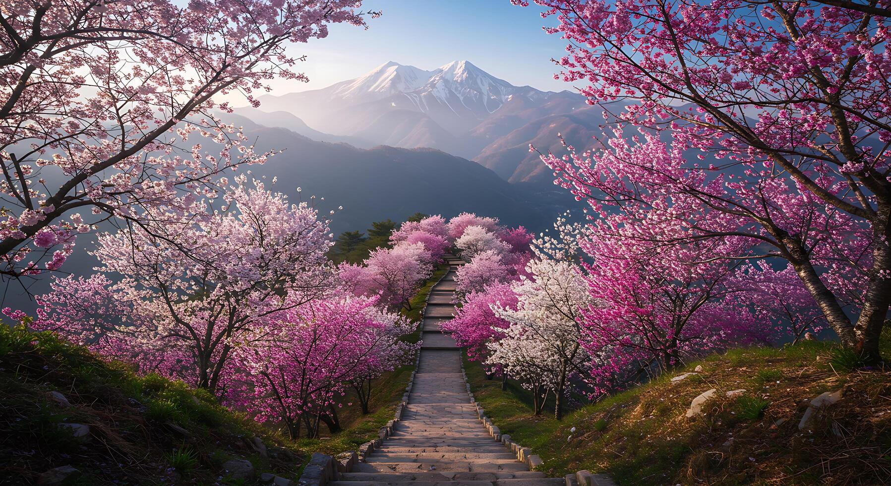 A path leading to a mountain with pink trees photo
