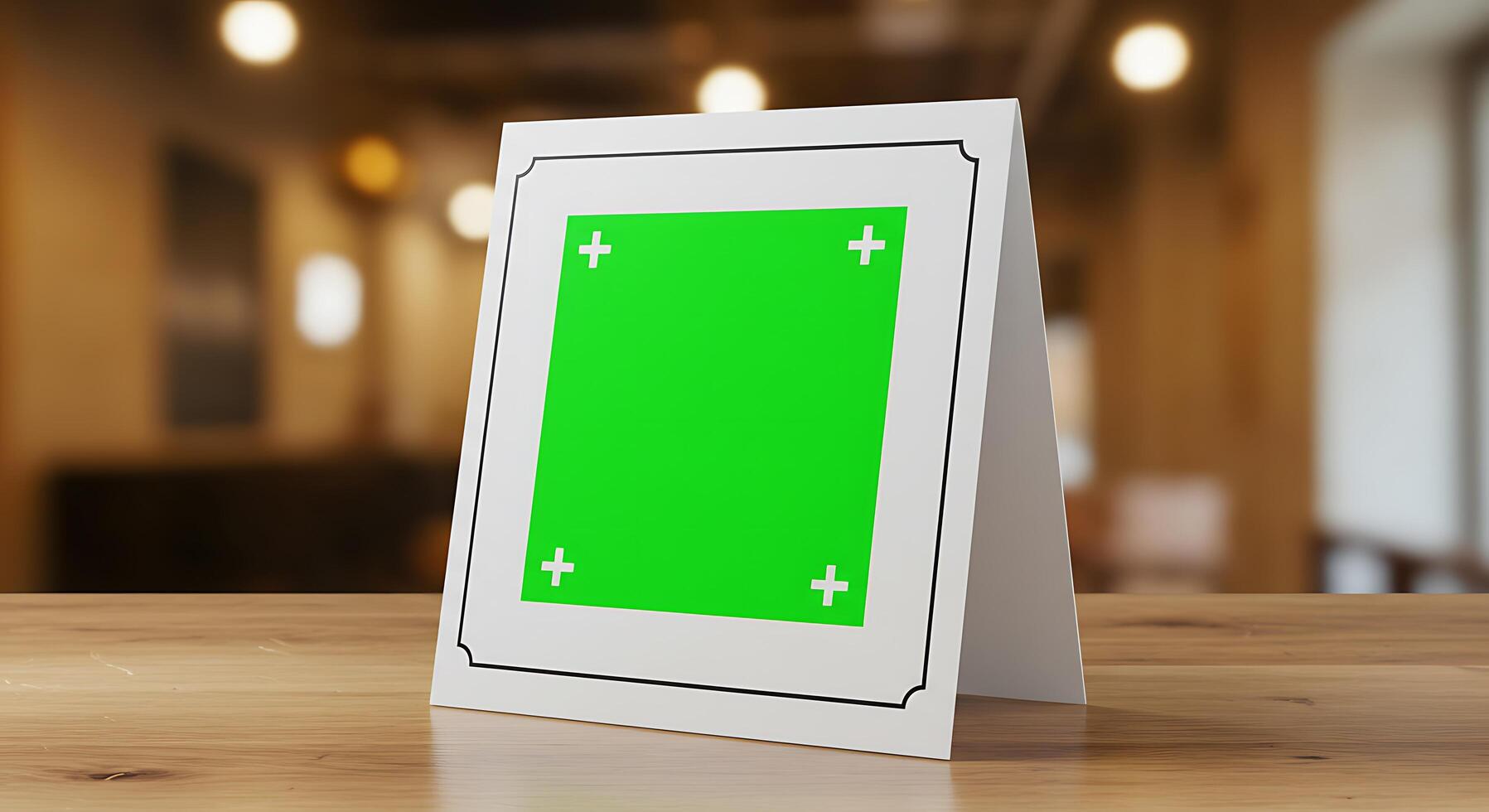 A green screen on a table with a white frame photo
