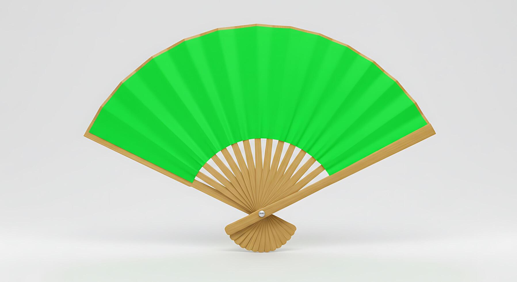 A green fan with a wooden handle on a white background photo