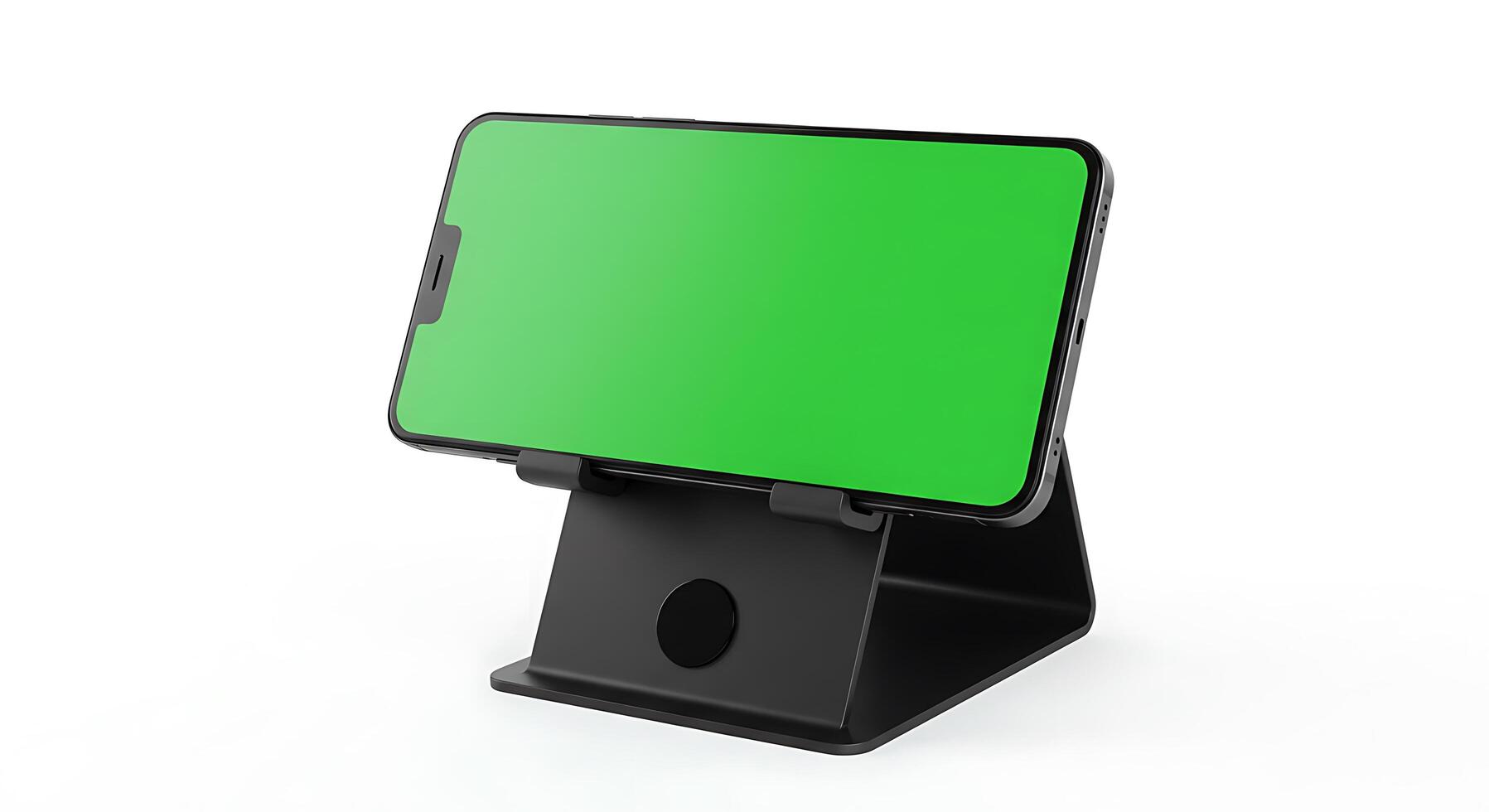 A tablet with a green screen on top of a stand photo