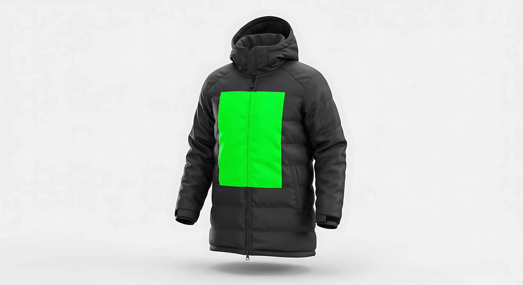 A black and green jacket with a green block on it photo