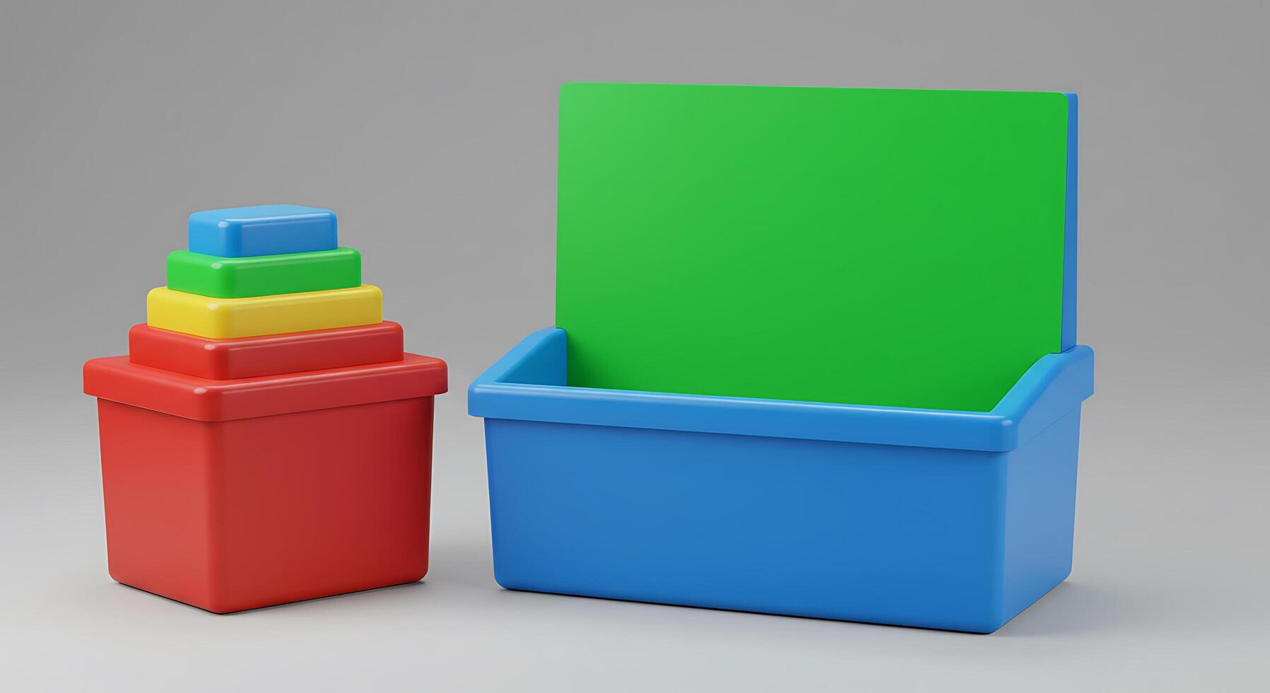 A stack of colorful plastic blocks and a green box photo