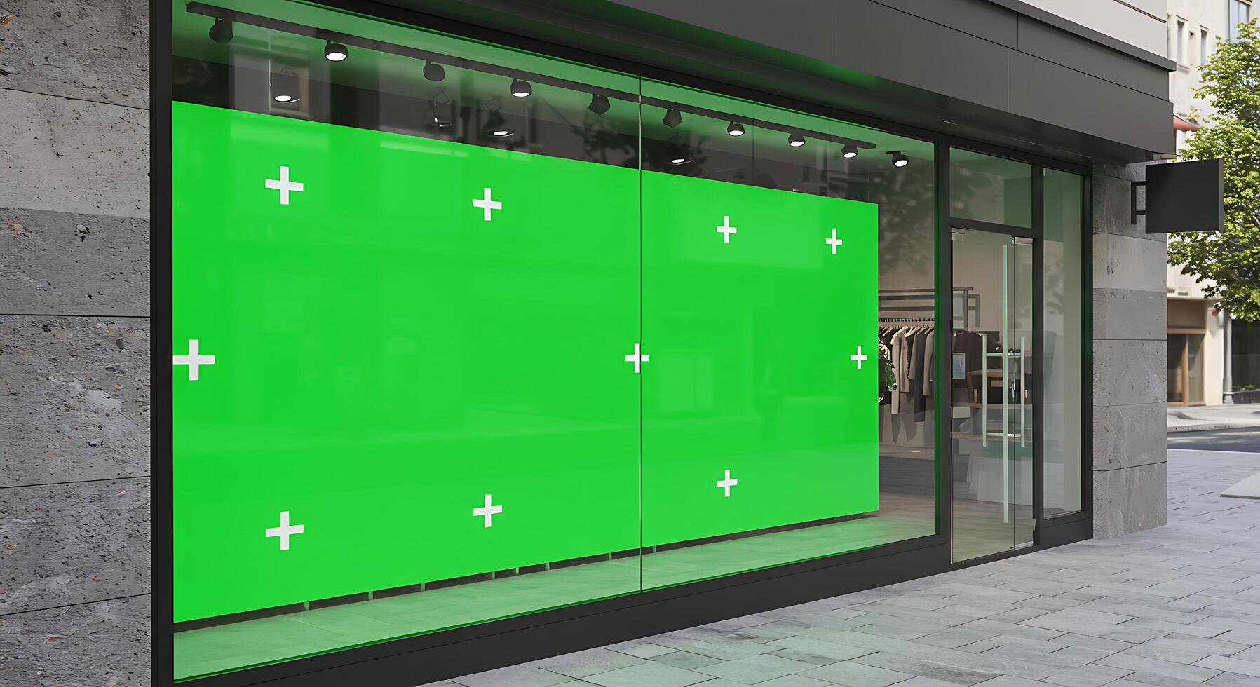 A green screen in front of a store window photo