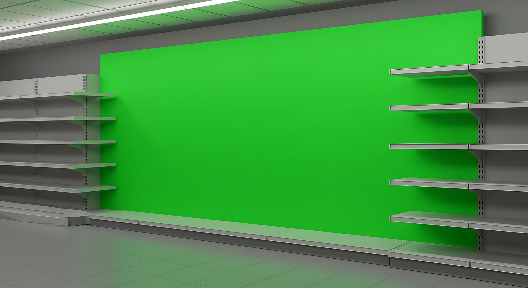 Empty shelves in a supermarket with green screen photo