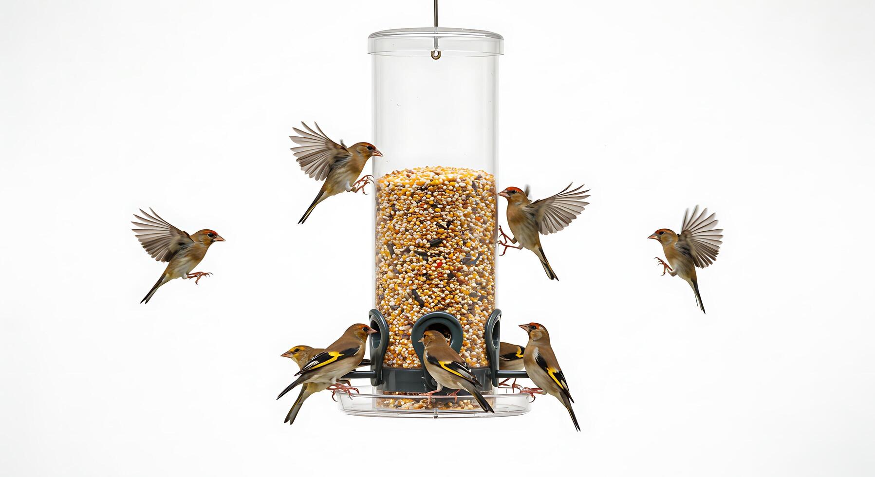 A bird feeder with many birds flying around it photo