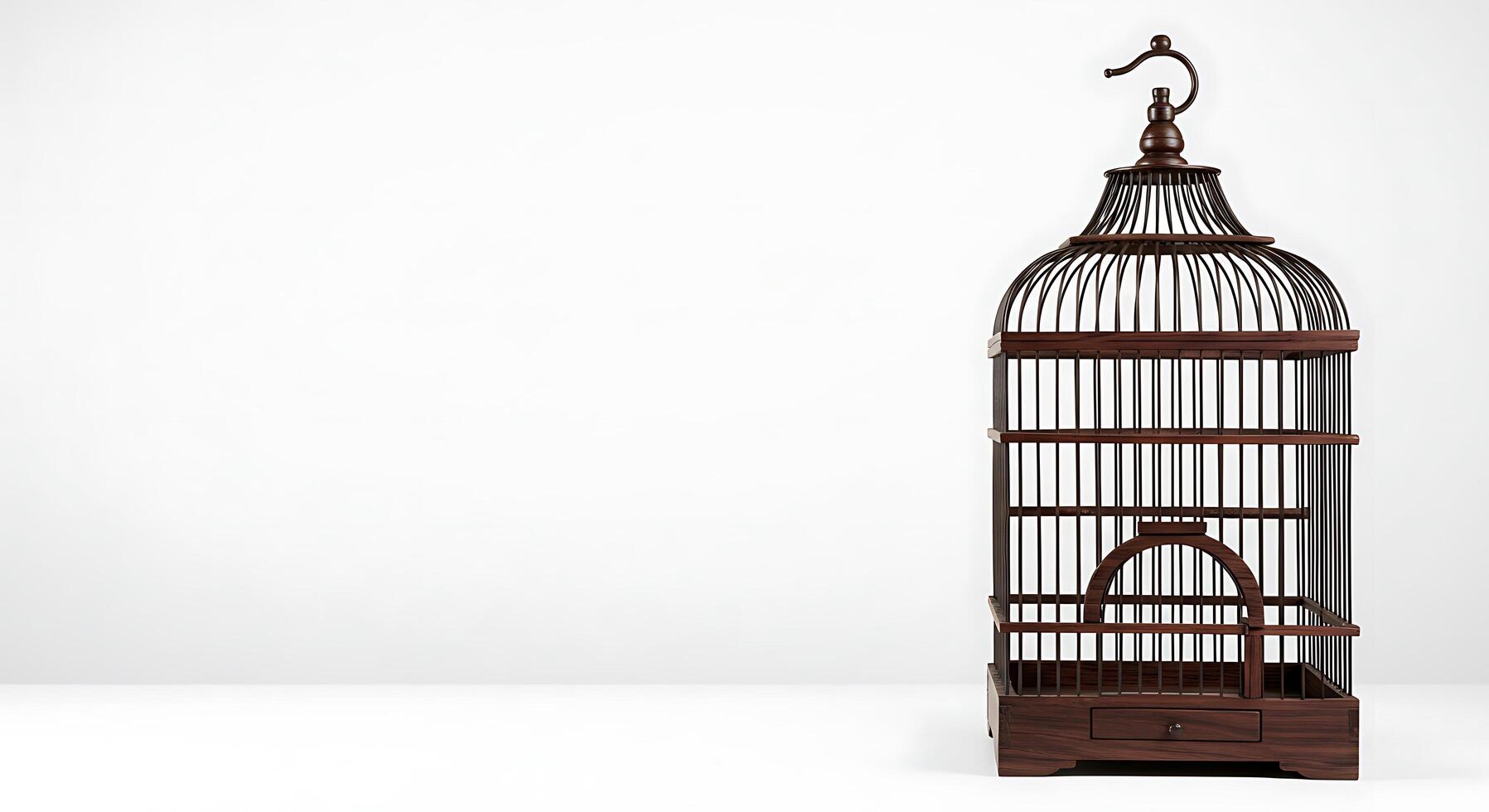 A bird cage with a bird inside on a white background photo