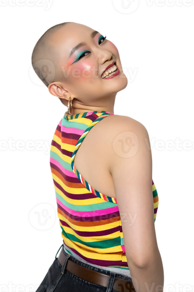 Stunning bald model with artistic makeup and a joyful smile, embracing self-expression and modern fashion. png