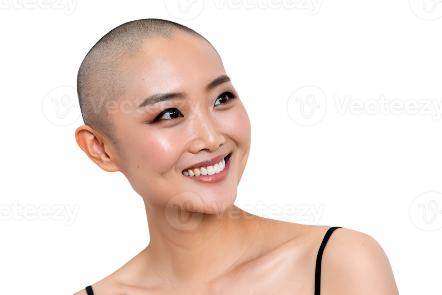 High-end fashion portrait of a bald model with bold lips and colorful eyeshadow, celebrating unique beauty. png