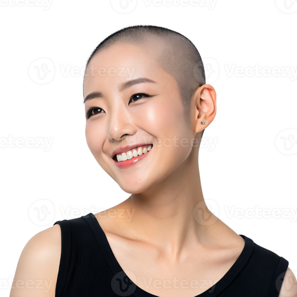 Unique bald beauty with striking eyeshadow and bold lipstick, symbolizing empowerment and self-confidence. png
