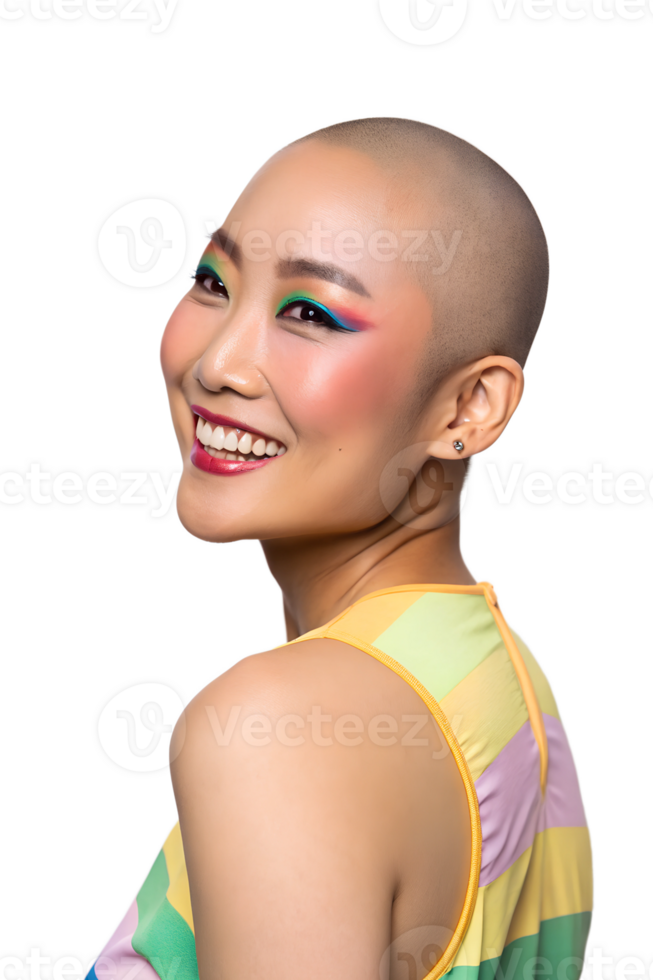 Modern beauty portrait of a bald model with glamorous makeup, embracing diversity, strength, and elegance. png
