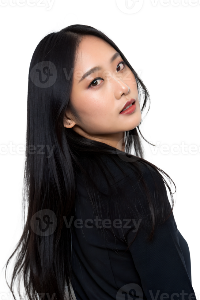 Elegant and Stylish Asian Woman with Long Brunette Hair in a Vibrant Modern Outfit and a Sleek Look png