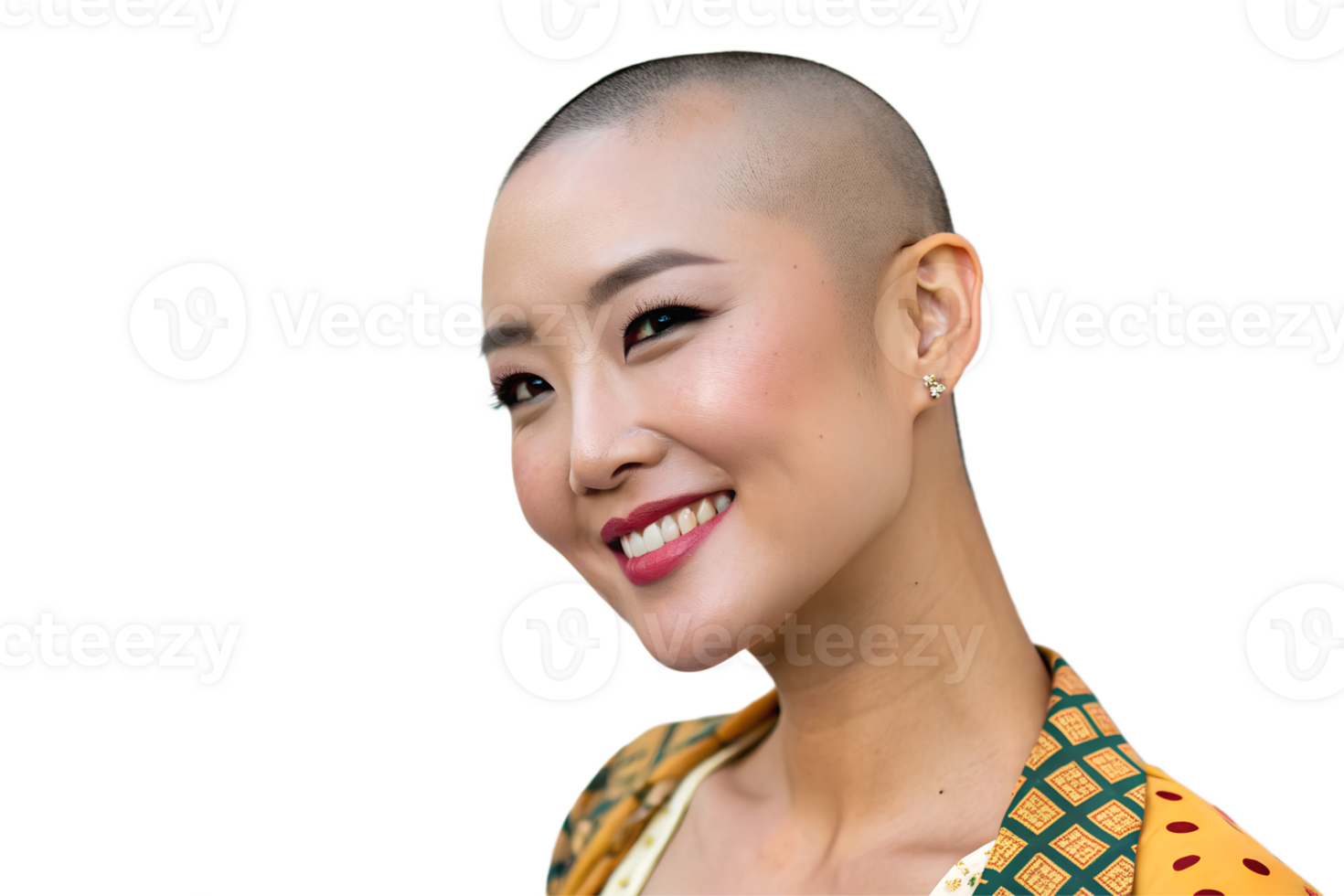 Elegant bald woman with modern makeup, joyful expression, and radiant skin, redefining beauty standards. png