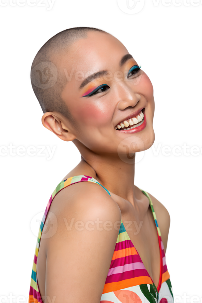 Unique beauty portrait of a bald woman with artistic makeup, joyful expression, and stylish modern elegance. png