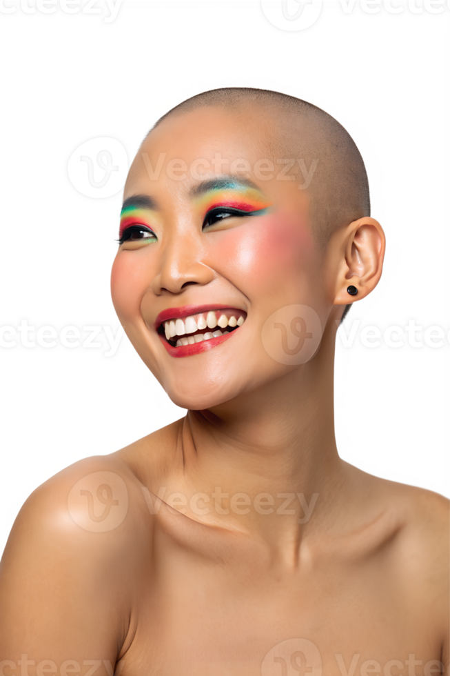 Stunning bald model in a fashion-forward portrait with bold eyeshadow, lipstick, and a captivating smile. png