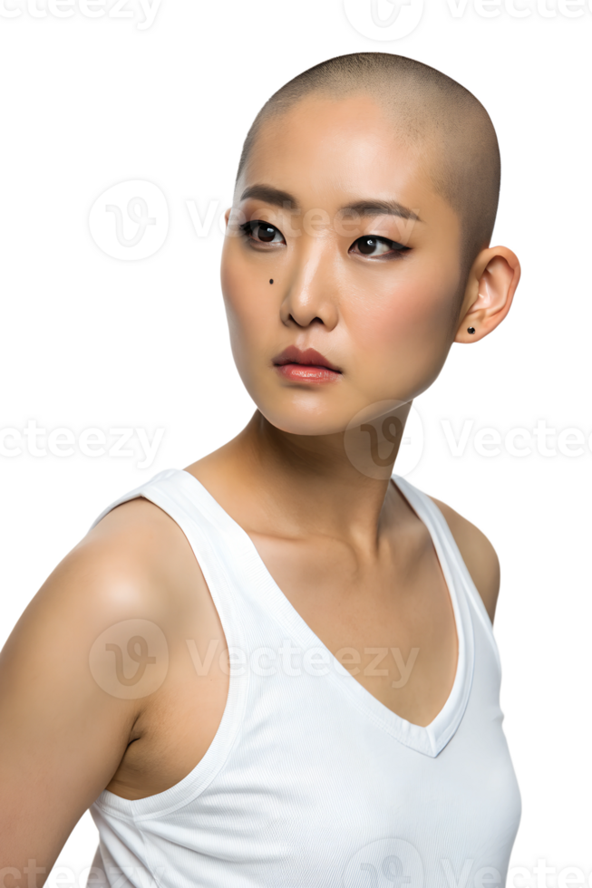 High-fashion portrait of a bald woman with elegant style, vibrant makeup, and a radiant, confident smile. png