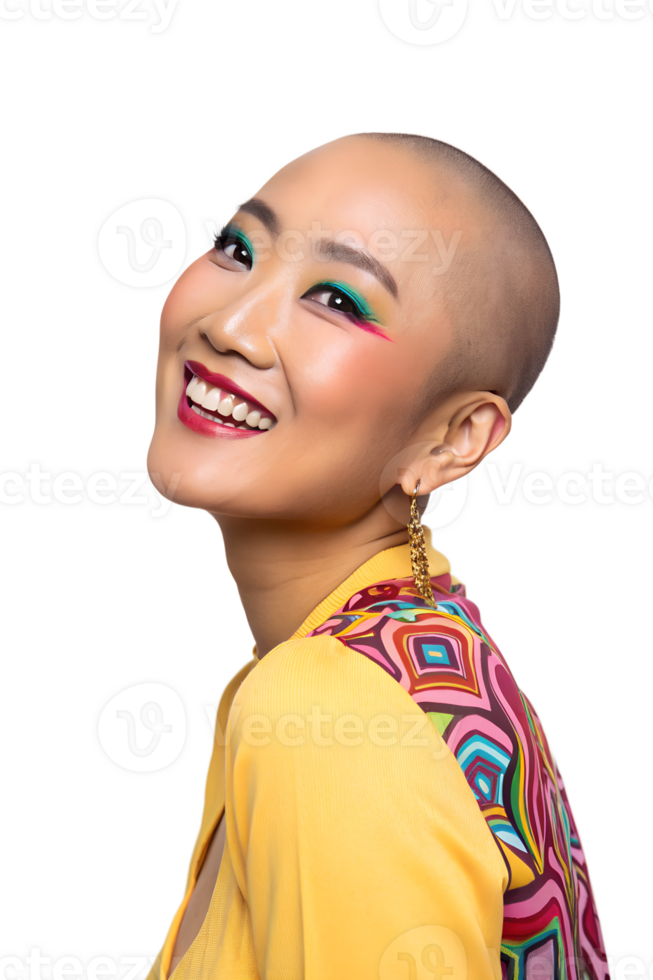 Unique bald beauty with empowering expression, avant-garde makeup, and a strong presence in fashion. png