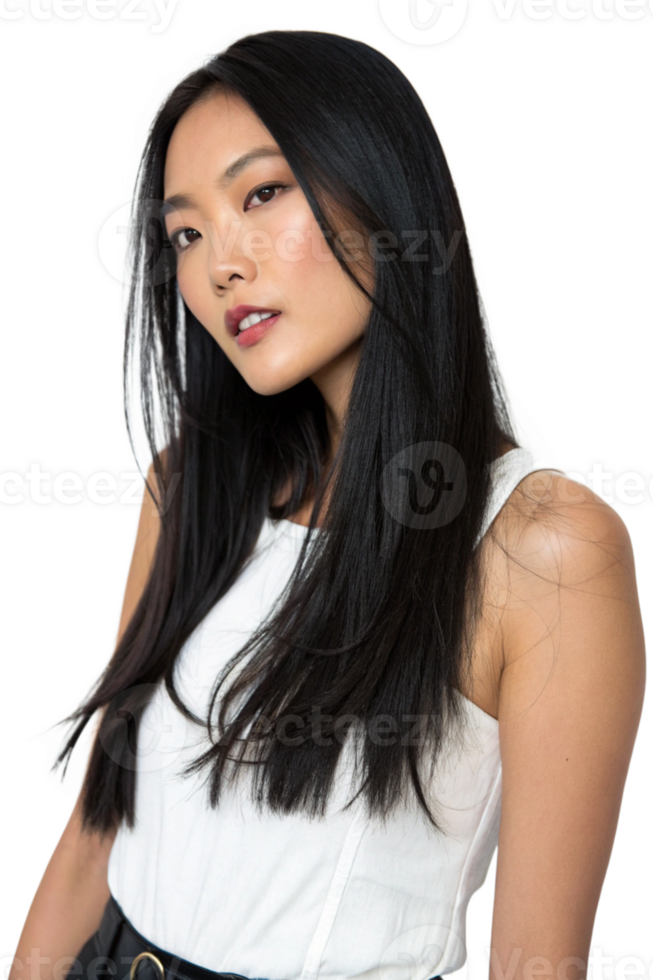 Confident Asian Beauty with a Lovely Smile and Bright Eyes in a Dynamic Pose with a Fresh Fashion Look png