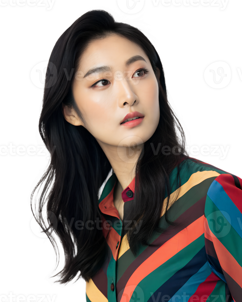 Radiant Young Woman with a Charismatic Expression and a Trendy Look in a Colorful Fashion Editorial png