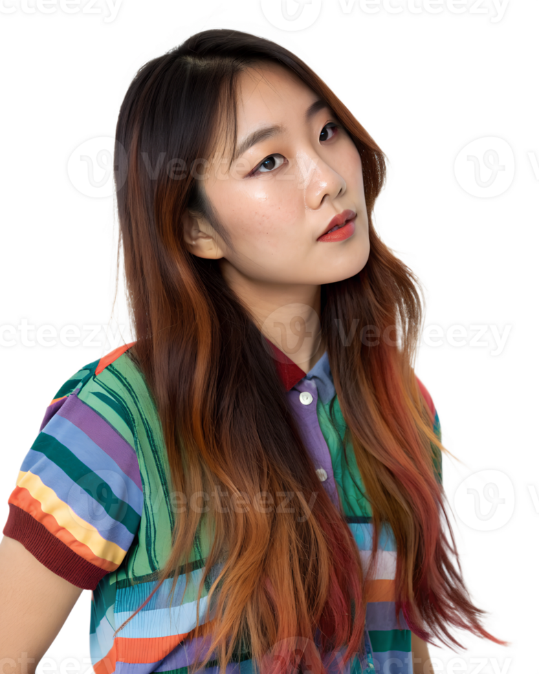 Young Asian Woman with a Joyful Expression and a Friendly Demeanor in a Stylish and Chic Fashion Shoot png
