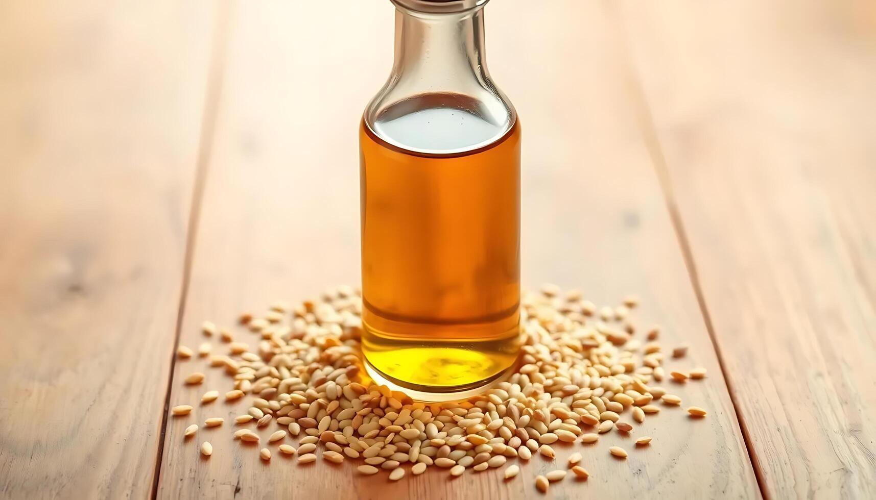 A bottle of olive oil and some sesame seeds on a wooden table photo