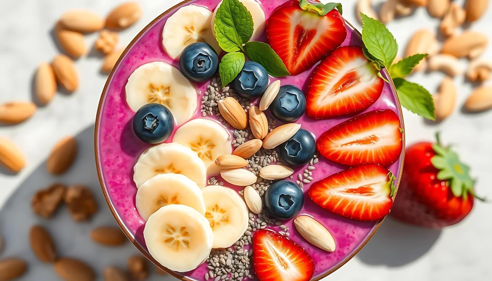 A bowl of fruit and nuts with a smoothie photo