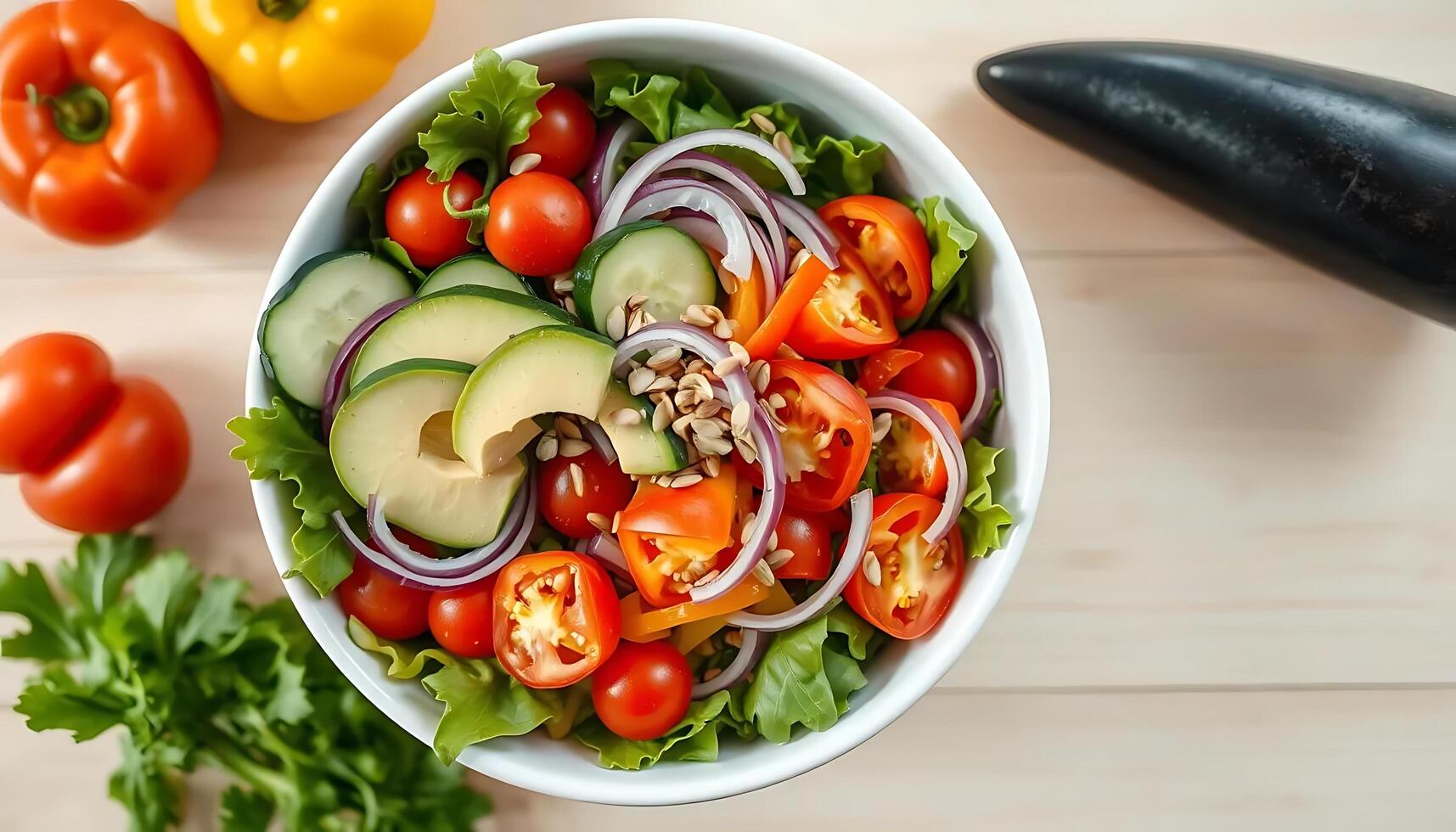 A bowl of salad with tomatoes, cucumbers, onions and peppers photo